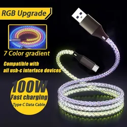 7A Kabel do szybkiego ładowania danych z oświetleniem RGB 120 W USB typu C do Iphone14 15 Xiaomi K50 Samsung Huawei OPPO Telefon USB Przewód do ładowania