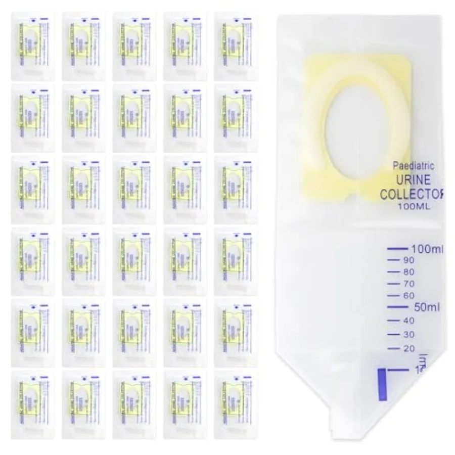 

30 Pcs Pediatric Urine Bag Collectors, Clear Urine Catcher Pouch Adhesive Surface, 100ml Spill Proof Infant Urine Collection Ba