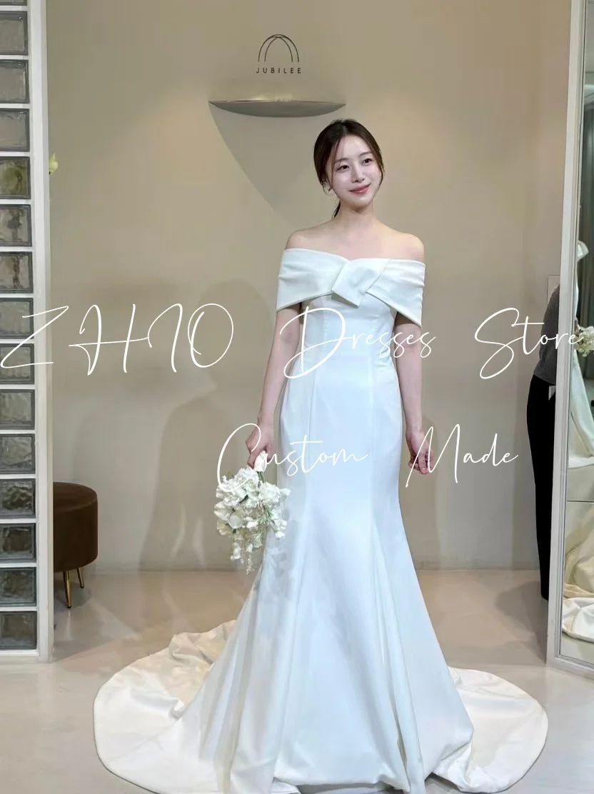 ZHIO Einfaches, schulterfreies Hochzeitskleid mit Schleife, Sweep-Zug, Korea, Fotoshooting, Brautkleid, Abendkleider, individuell gestaltet, Sierra Sierra Sierra