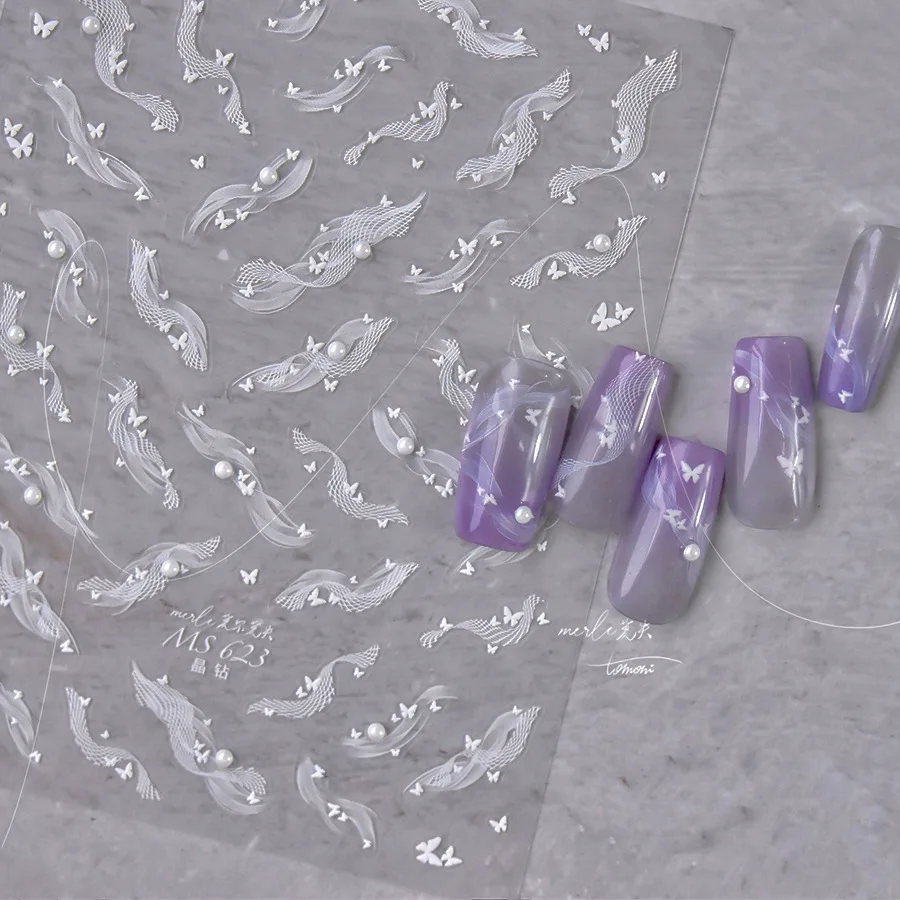 1 Sheet 5D White Elegan Lace Bow Nail Art Stickers Luxury Pearl Rhinestones Nail Decoration Adhesive Decals Slider DIY Accessory