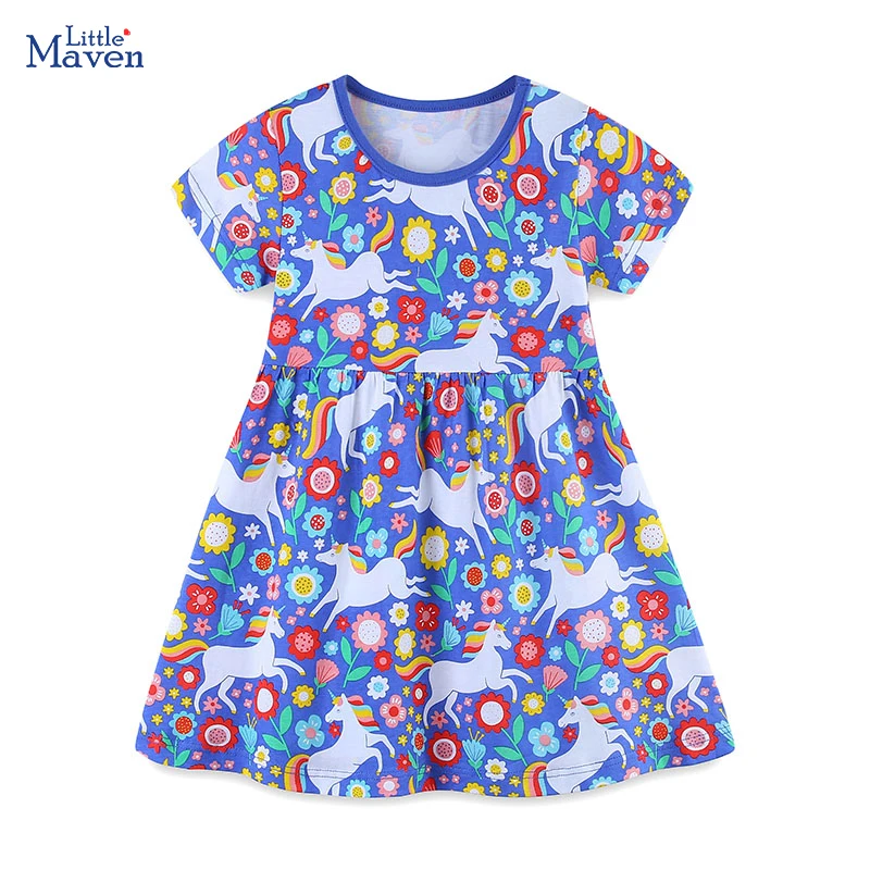 Little maven 2024 Children's Clothing New Summer Baby Girls Casual Cartoon Rainbow Unicorn Flowers Kids Clothes Cotton Dress