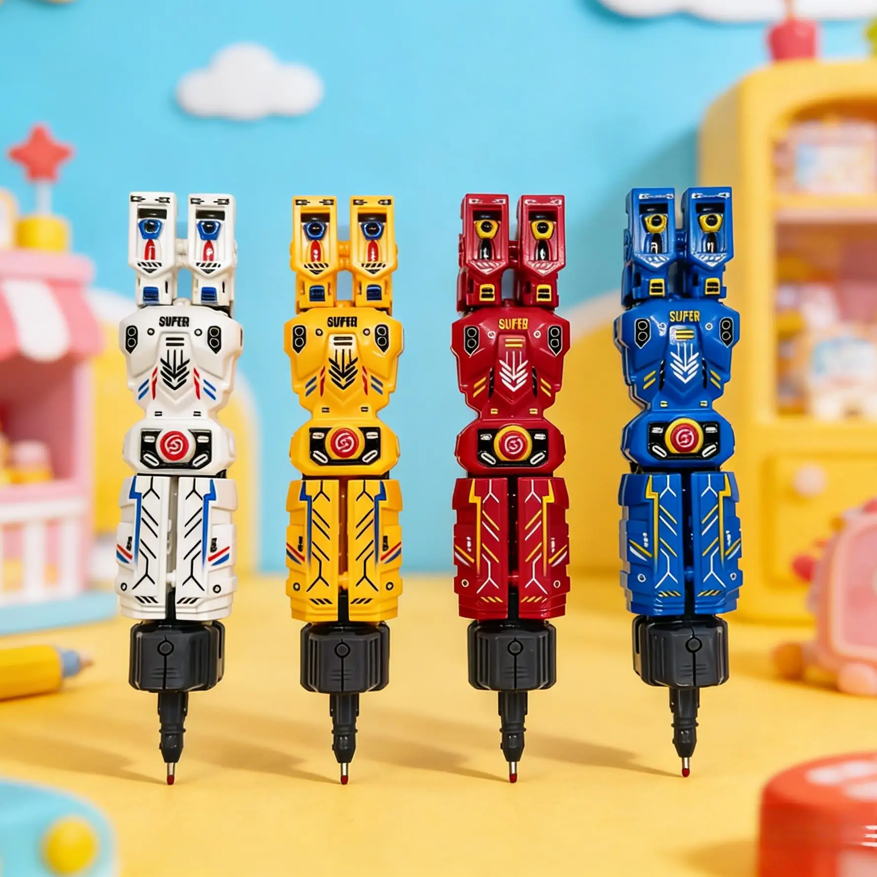 4/2 Pieces of Randomly Assorted Styles. Robot Transforming Ballpoint Pen with Black Ink. Multiple Color Combinations. Smooth Writing. Ergonomic Design, Suitable for Office and School Use. Ideal Gift for Holidays and fo