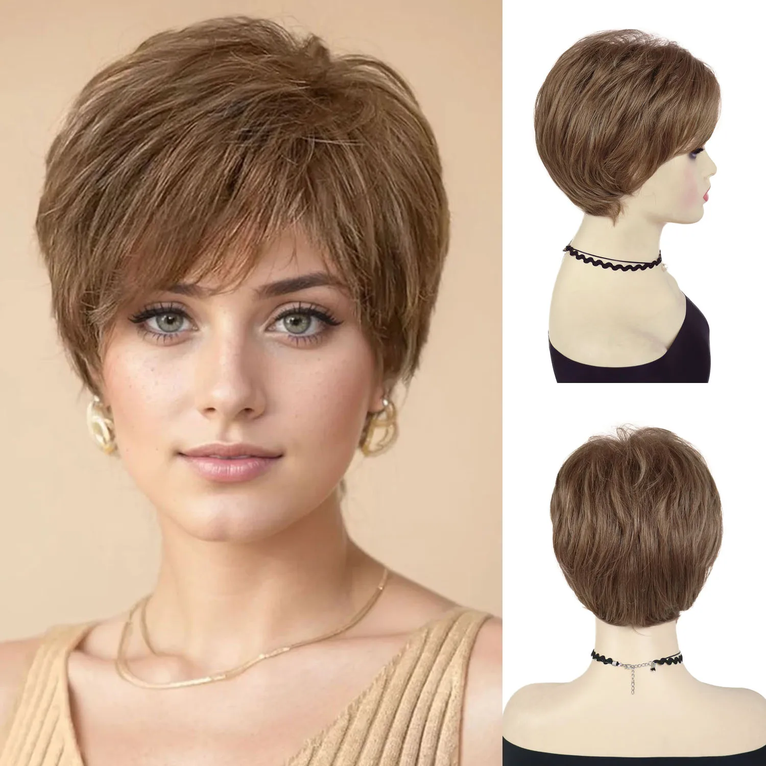 

Short Wigs for Women Synthetic Fiber Brown Wig with Bangs Straight Hairstyle Mommy Wigs for Daily Replacment Full Cover Wig