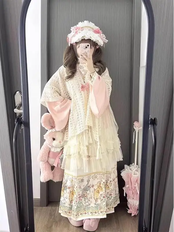 

Lolita Hanfu Women's Set Cute Fairy Atmosphere Shoulder Shawl Apron Face Skirt 2024 Winter New Arrival Ladies Premium C...