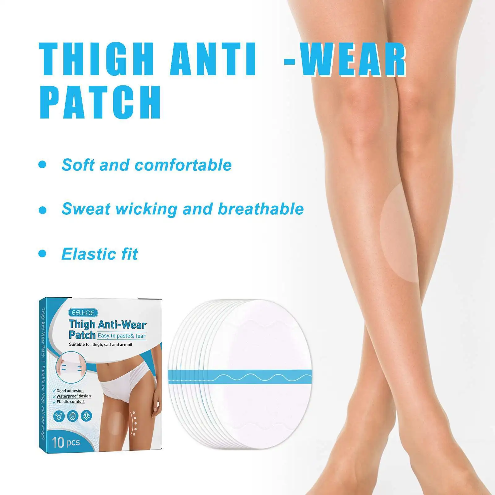 Coxa respirável Anti Wear Patch, Ajuste elástico macio para axilas internas do joelho da coxa, Sweet Wicking, 10pcs