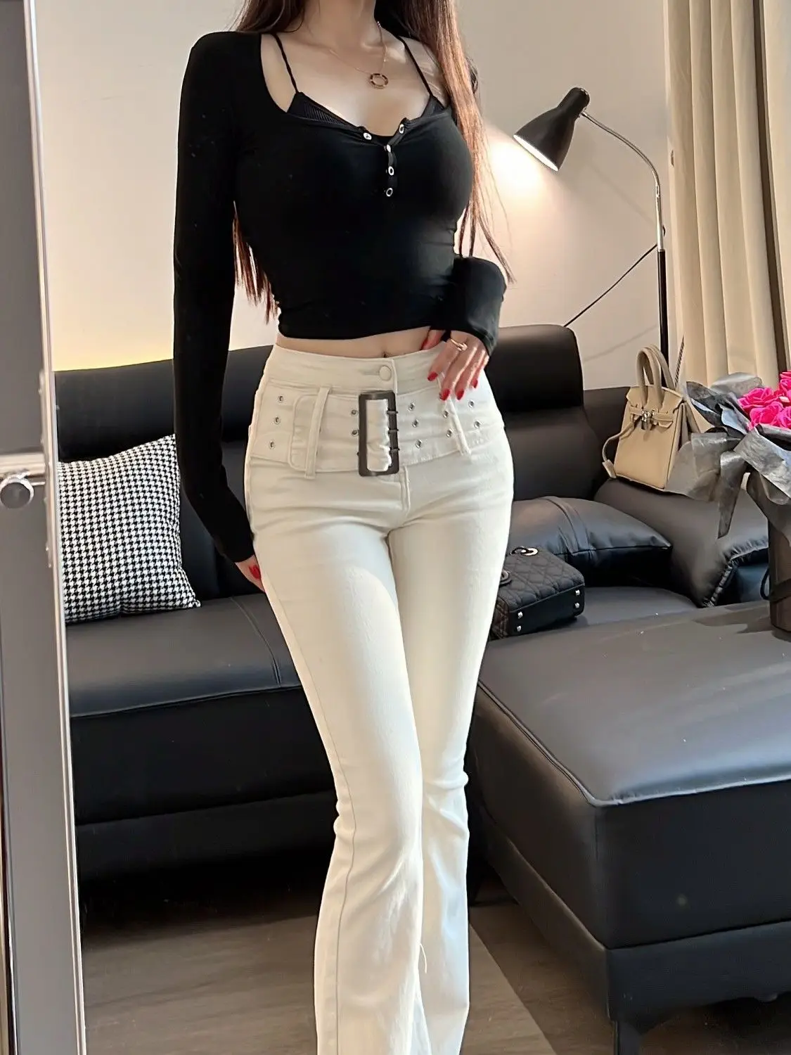 

Women Vintage White Flare Jeans with Belt High Waist Stretch Slim Skinny Casual Bell Bottom Streetwear Retro Denim Trousers
