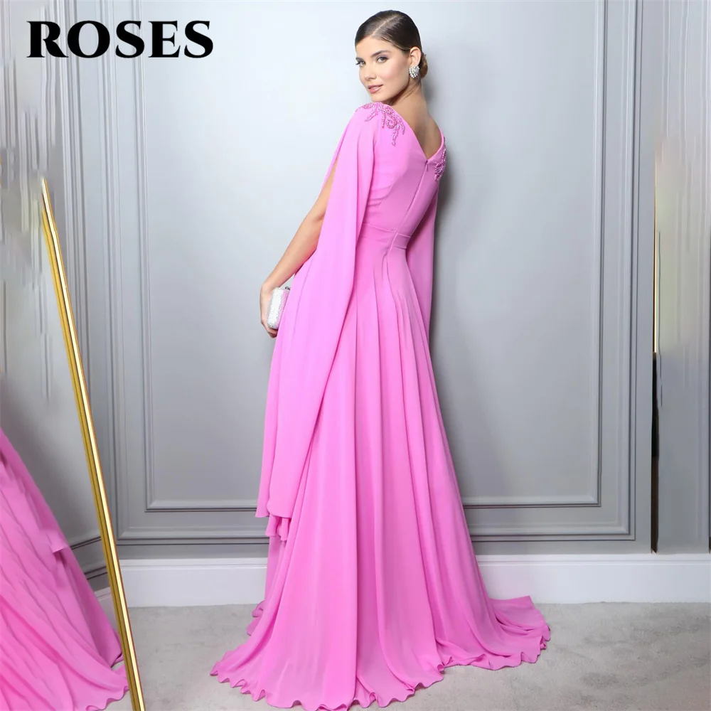 ROSES Appliques V Neck Evening Gown Zipper Back Elegant Prom Dress Chiffon Full Sleeves Wedding Evening Dress robes de soirée