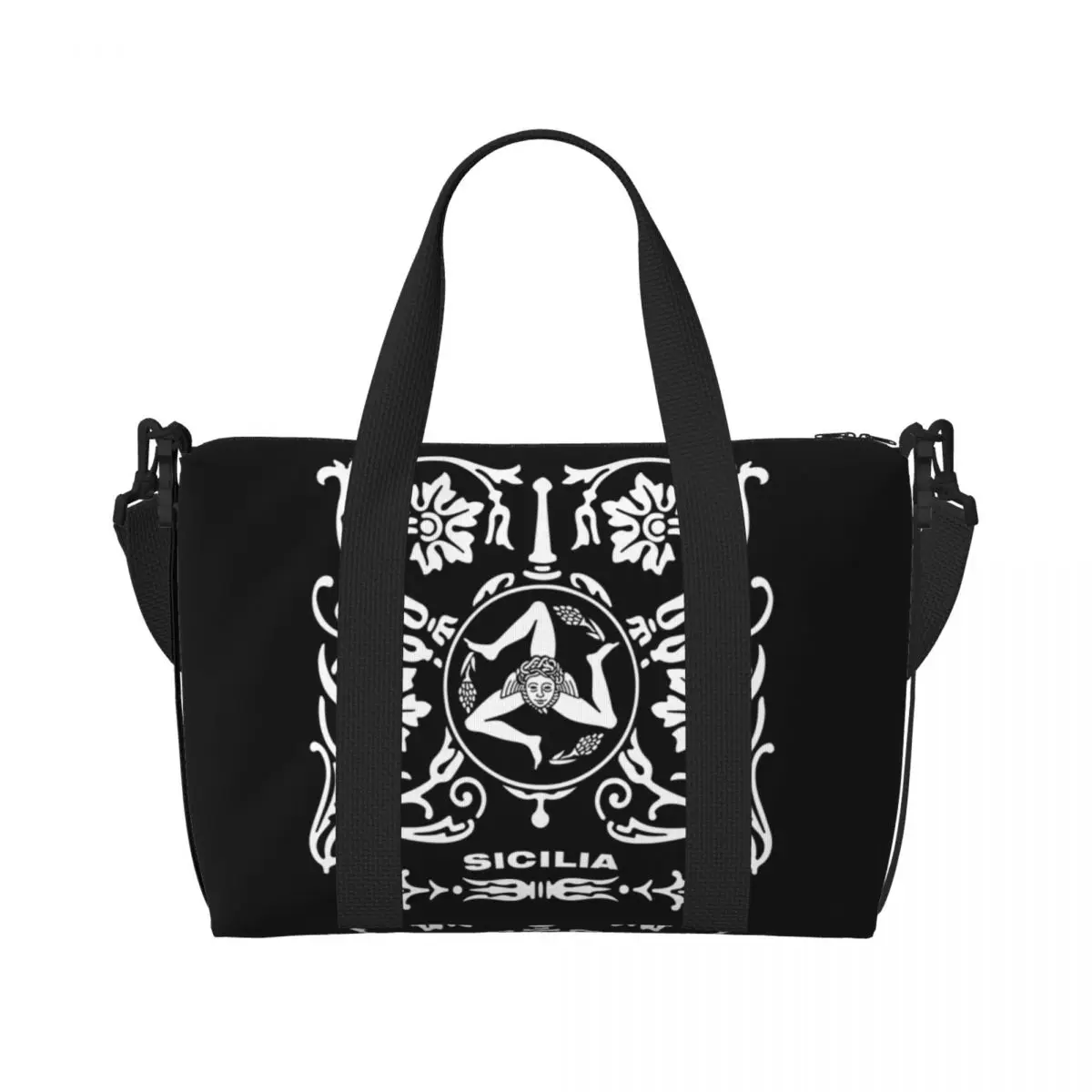

Custom Sicilia Sicily Love Trinacria Logo Beach Tote Bag for Women Sicilian Pride Big Compartment Beach Gym Travel Bags