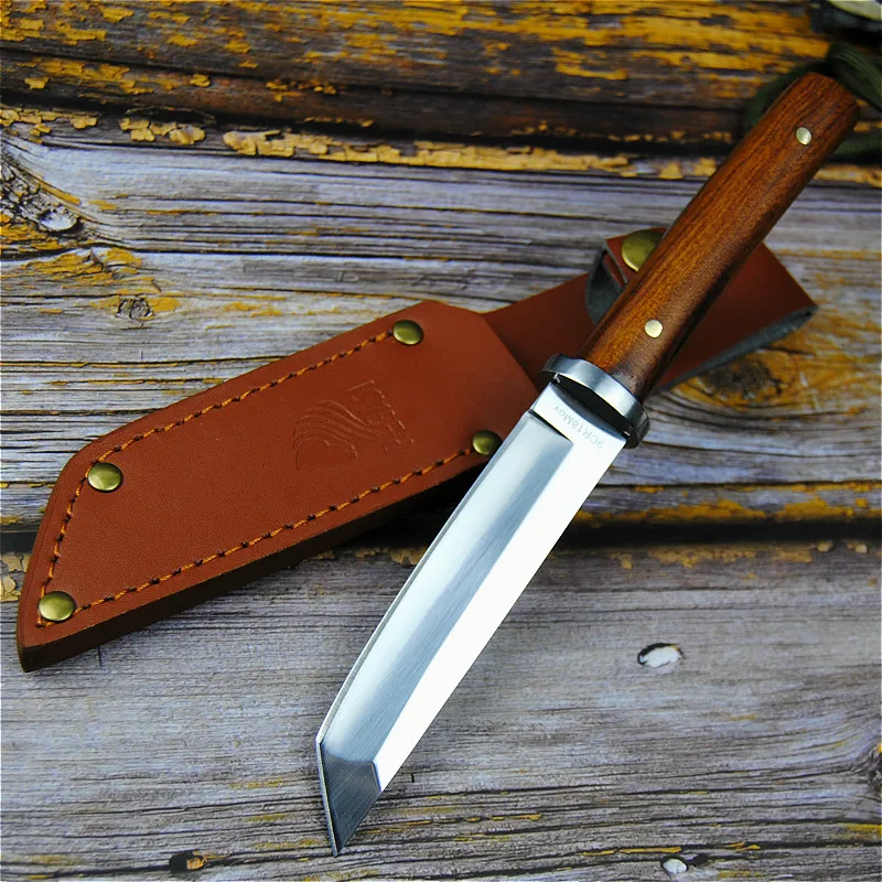 Japanese 9CR18MOV outdoor self-defence fishing knife jungle hunting knife outdoor sharp tactical knife + leather cover