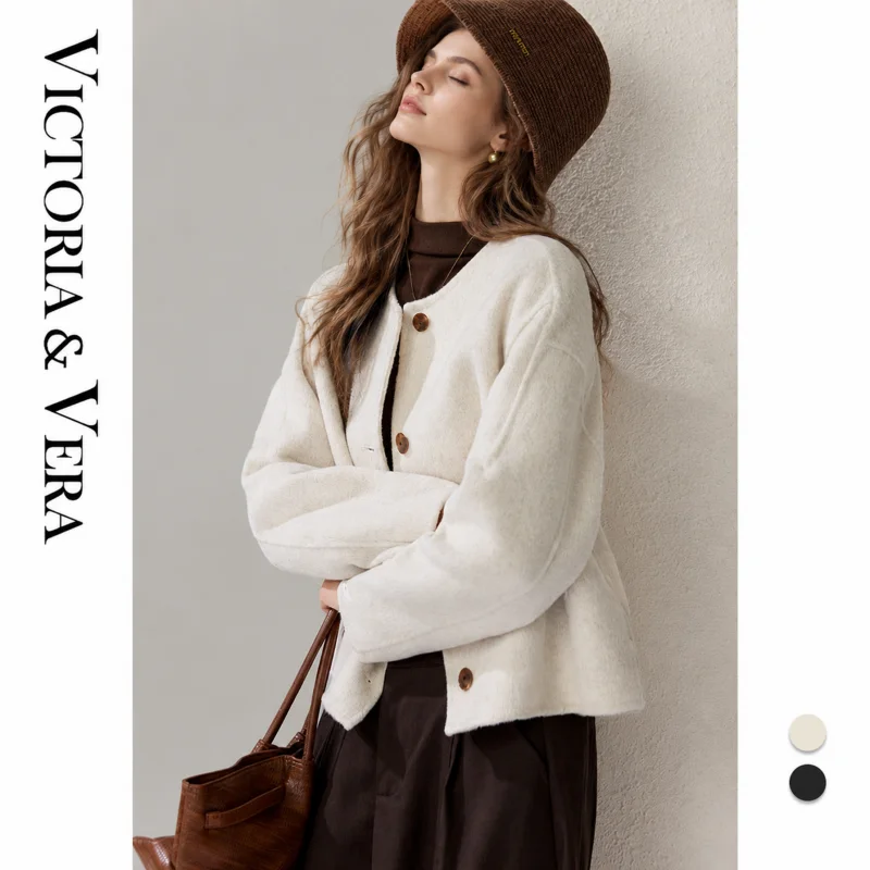 Women Off White Cropped Jacket | Round Neck Button Front Casual Outerwear
