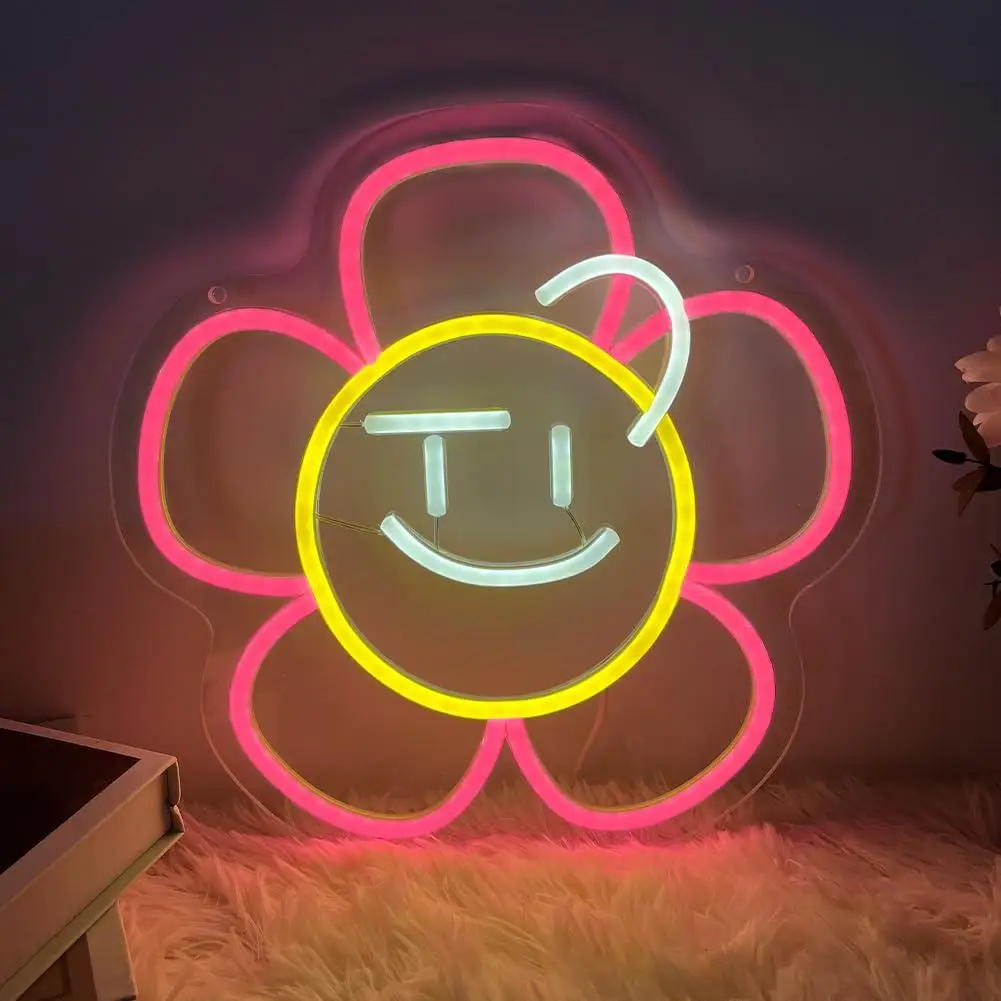 Smiley Flower Neon Sign Dimmable LED Lights For Aesthetic Bedroom Kids Room Home Bar Birthday Party Wall Display Gift Ornament