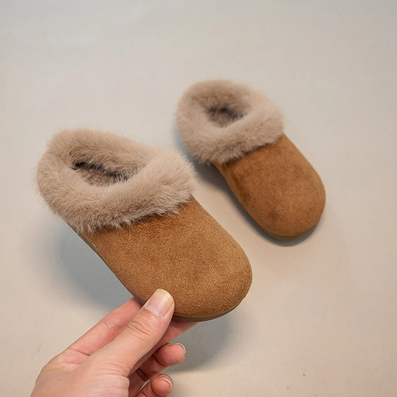 Children's Cotton Slippers 2-18 Years Old Camel Padded Thickened Half Drag Brown Lightweight Non-slip Kids Baby Fur Shoes Boots