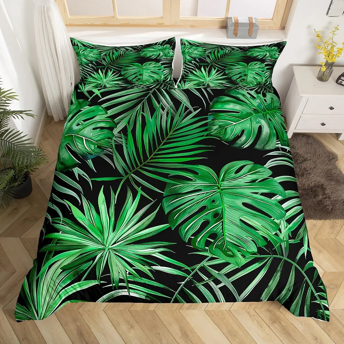 Palm Leaves Duvet Cover Tropical Bedding Set for Teens Child Young,Botanical Jungle Comforter Cover Pastoral Style Bedroom Decor