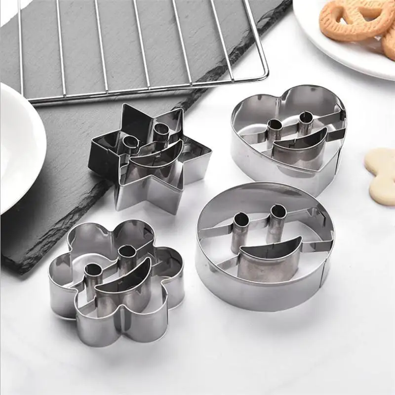 4pcs Stainless Steel Sugar Biscuit Press Stamp Embosser Cookie Cutter DIY Fondant Smiley Cake Mold Pastry Decor Baking Accesorie