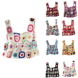 Women Sweaters Vests Vintage Fall Winter Crop Tops Sleeveless Tops Colorful Hand Crochet Embroidery Openwork Knit Tank Tops