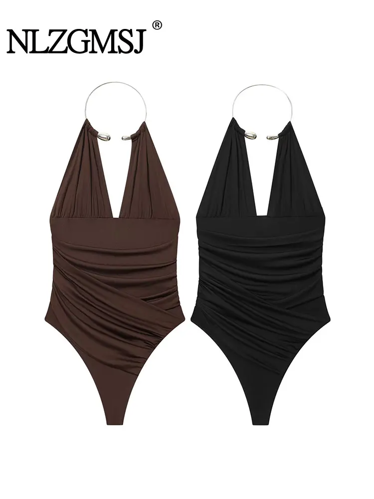 

NLZGMSJ Sexy Stylish Women Bodysuit Off-Shoulder Ruched Bodysuits New Fashion Holiday Beach Jumpsuits