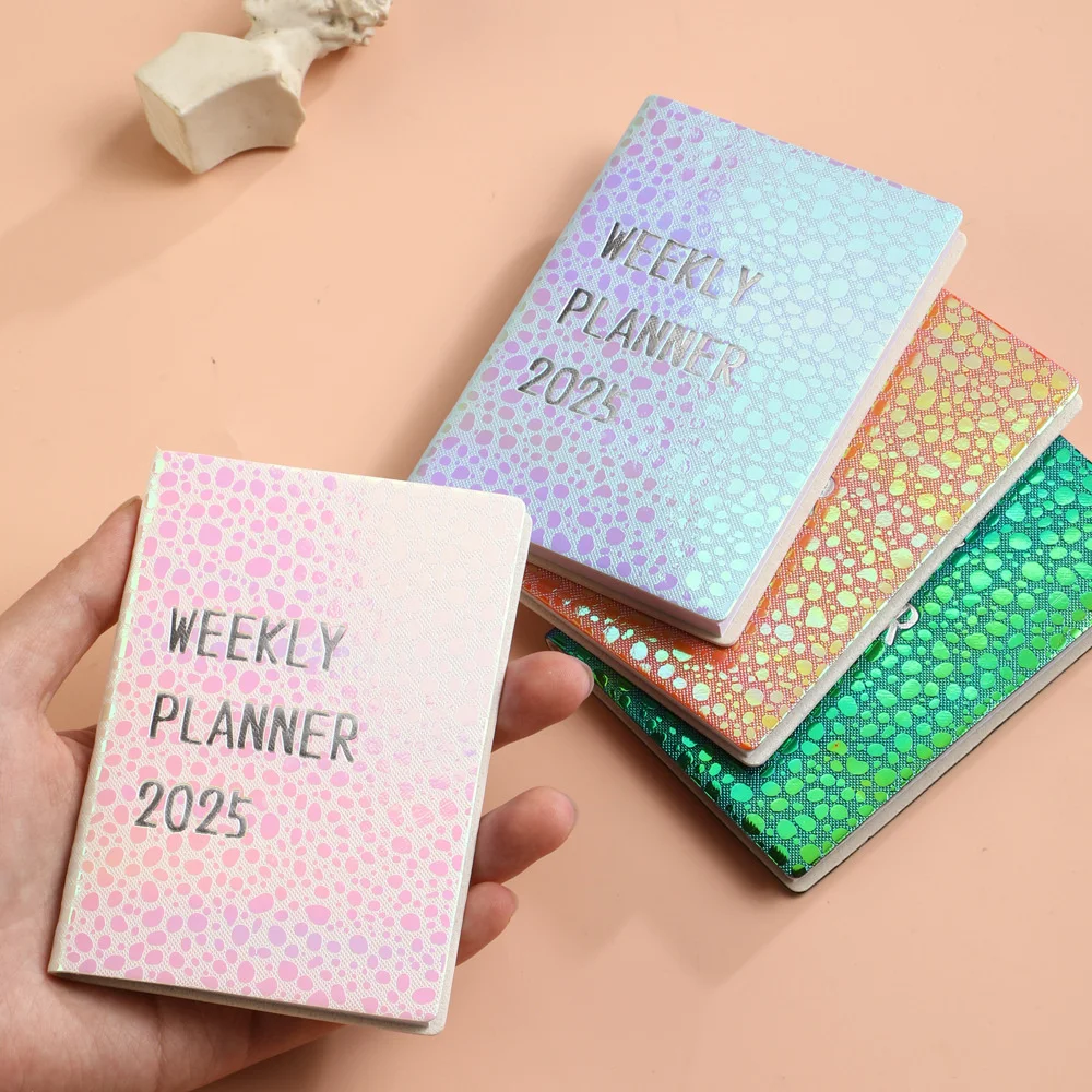 Colorful Laser Notebook A7 English Schedule Planner 2025 Portable Mini Pocket Student Diary Notepad School Office Supplies