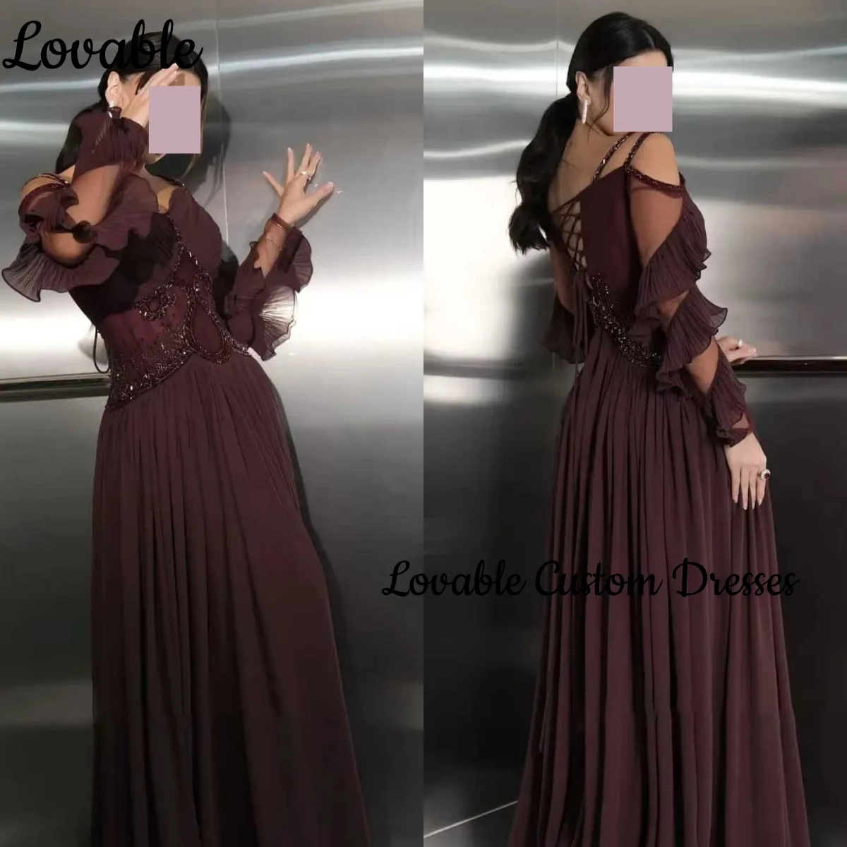 

Трапеция с открытыми плечами Настроить платья для торжественных случаев Женские вечерние платья длиной до пола Шифон на молнии с длинными рукавами