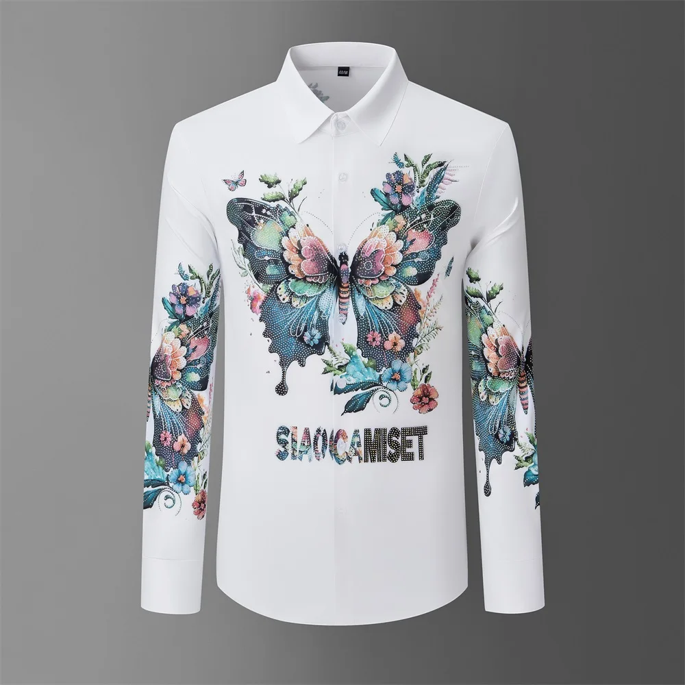 Luxo borboleta diamante camisa masculina high end negócios camisa social manga longa magro banquete festa boate desempenho trajes