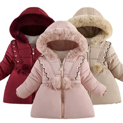 1-4 Years Winter Baby Girls Jacket Pearl decoration Lace Thick Hooded Coat For Kids Lined With Velvet Keep Warm Girls Outerwear