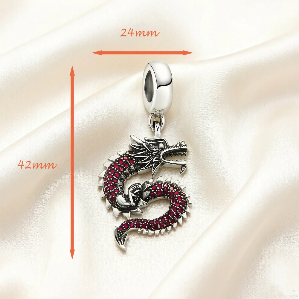 Rosaroter Stein-Drachen-Anhänger, europäischer Glücksbringer-Schmuck für Damen und Herren, neues, reines 925er-Sterlingsilber, Vintage-Geschenk – Detail 1