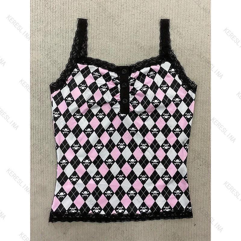 Summer punk hiphop rock Europe and America trendy fashion versatile camisole top sexy spicy girl style lace bow camisole top emo