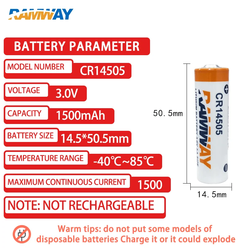 New CR14505 AA size 3V 1500mAh primary lithium battery for water meter smoke alarm intelligent toilet PLC servo driver