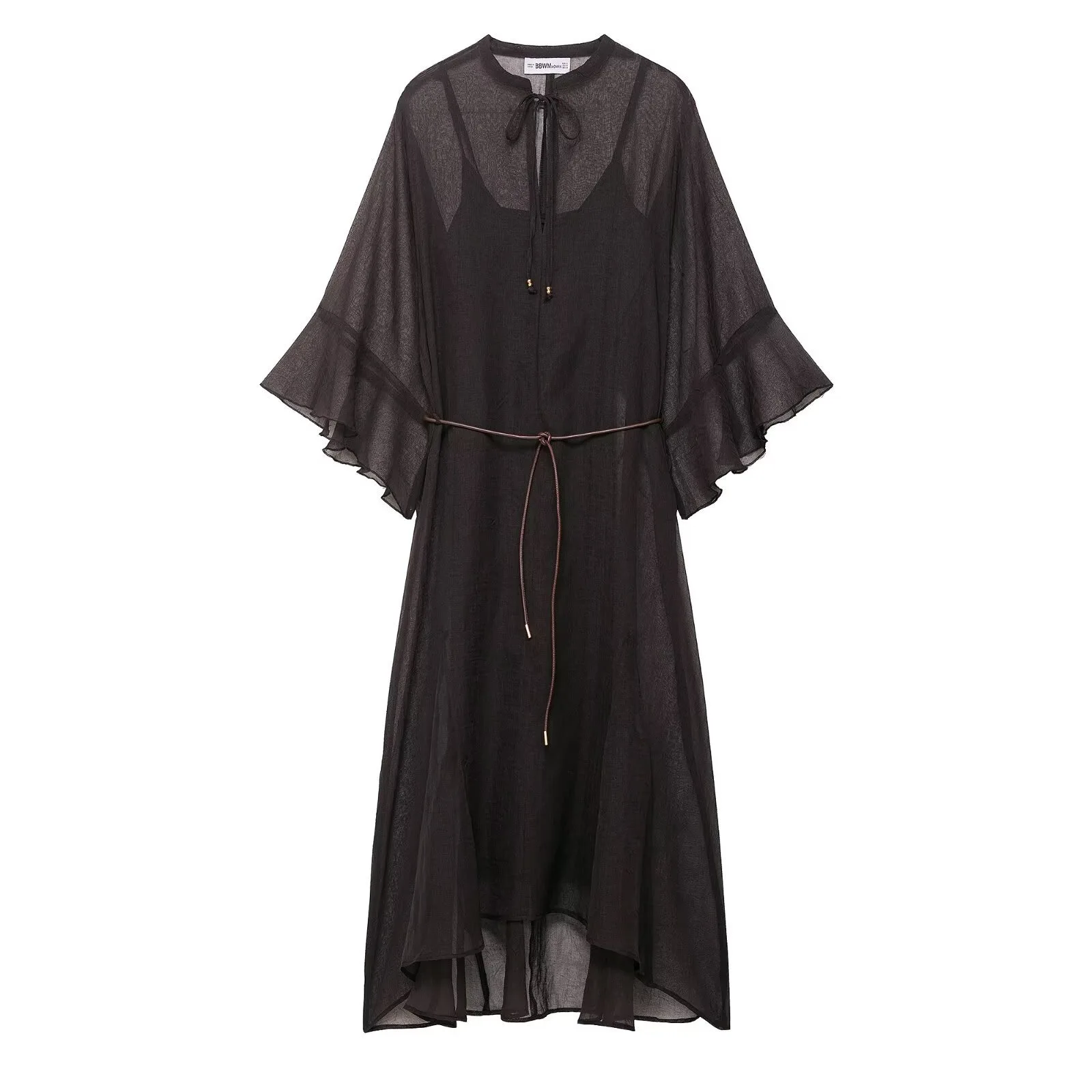 Losse, casual lange damesjurk 2025, mode lente zomer, met tailleriem en hangend effect, nieuwe stijl