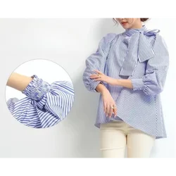 Chiffon Blouse for Women, Long Sleeve Top, Bow Stand Neck, Loose, Solid Striped, Big Size, Elegant Blouses for Women, 2024