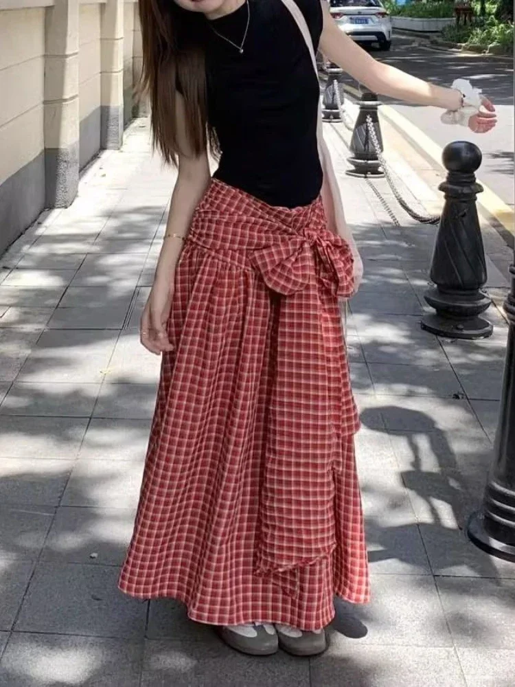 الكورية نمط الأحمر منقوشة تنورة المرأة خمر Y2k القوس تنورة طويلة Harajuku الشارع موضة ريترو كشكش التنانير جماليات