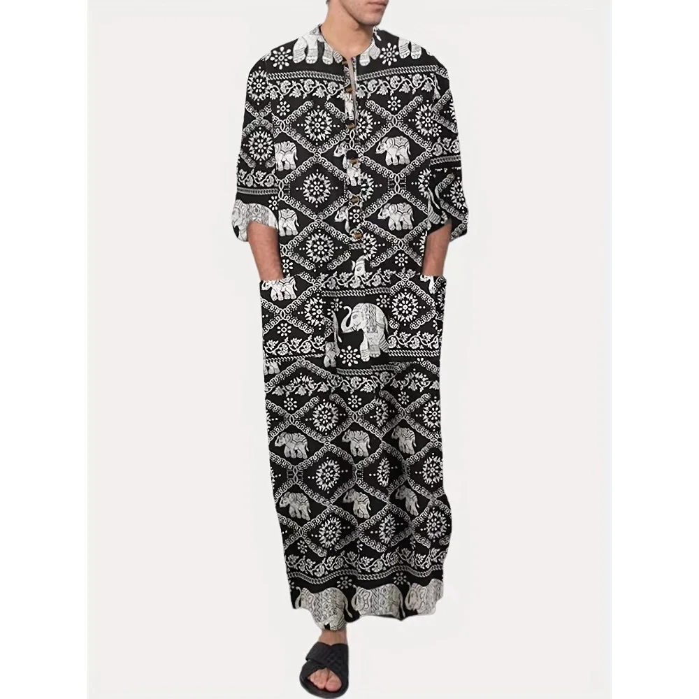 Fashionable Casual Style: New Southeast Asian Men's Long Robe, Oracle Elephant Print Showcasing Unique Charm