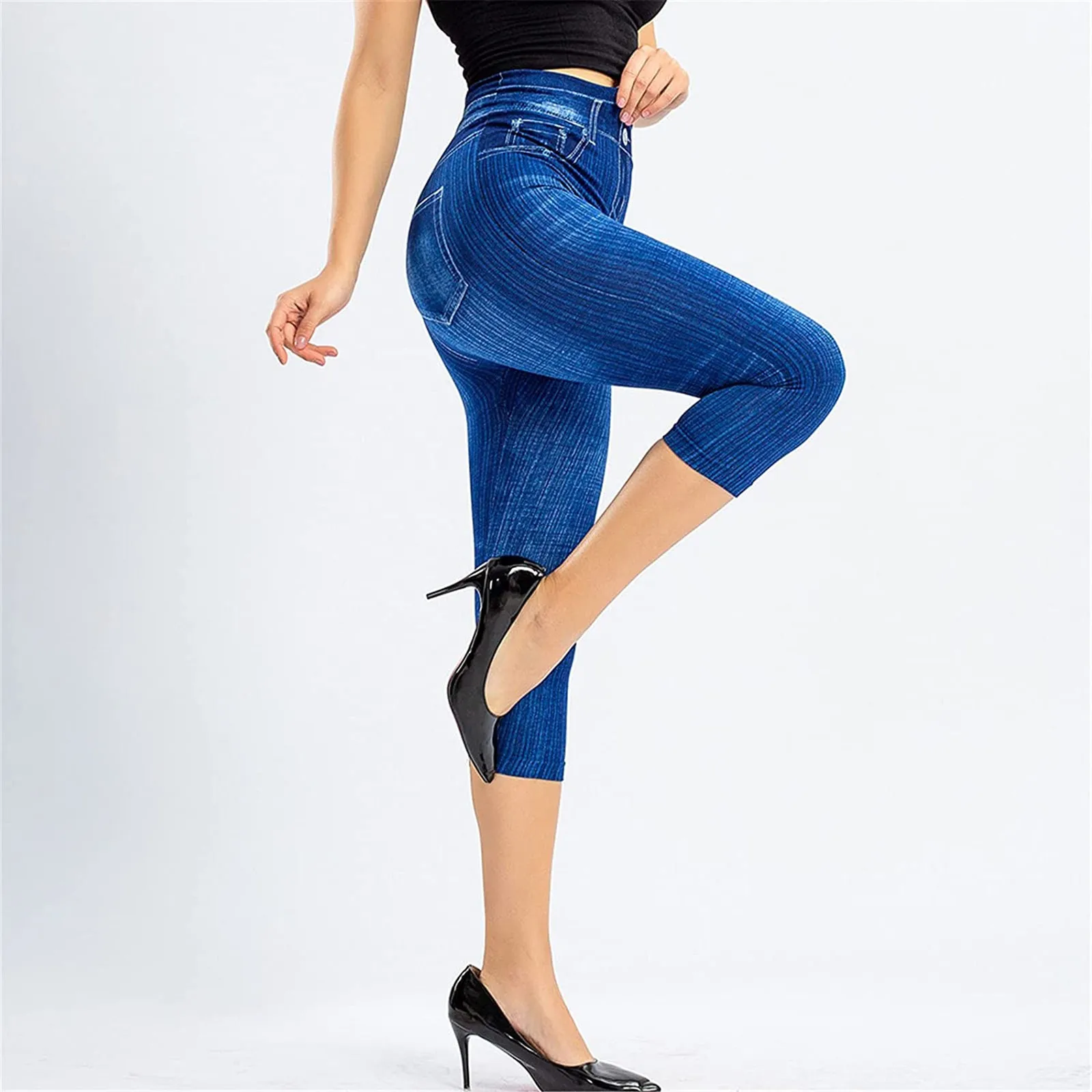 Women Denim Print Leggings Fashion Slim Leggings Faux Jeans Leggings Stretch Printed Short /Long Leggins Pants Summer Breeches