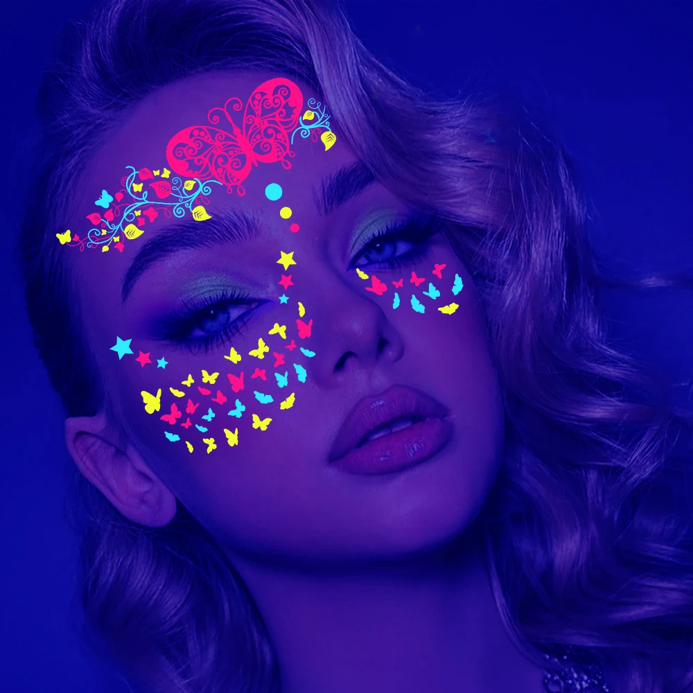 1/4/8Pcs Waterproof Temporary Fluorescent Face Stickers 15x14cm Halloween Neon Face Decal Music Festival Party Face Slider