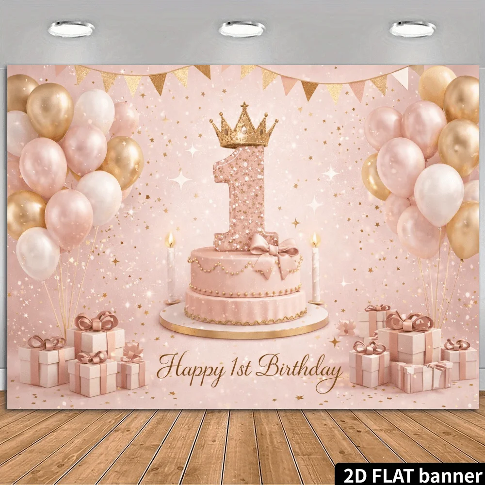 2D flache goldene Krone, Hintergrundstoff für den 1. Geburtstag, rosa-goldene Glitzerzahlen