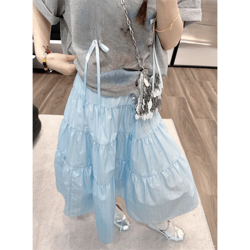 

Summer Design Large Oversized Pleated Stripe f Skirt Blue Island Flower Language Cotton A-Line Midi Skirt Women's Faion