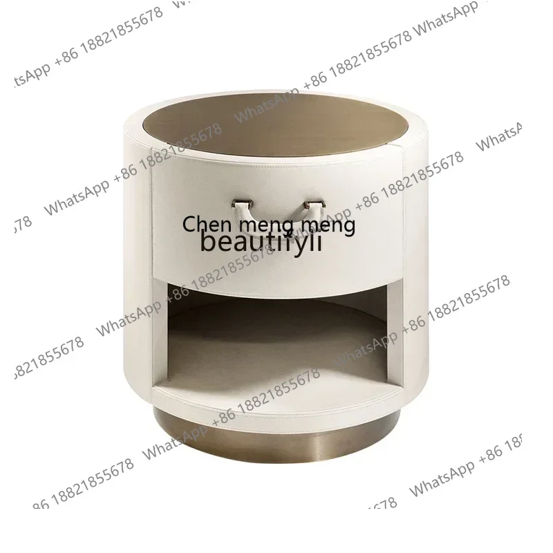 G153  Model Room Italian Light Luxury Bedside Cabinet Palm Leather Bedside Cabinet Hong Kong Stainless Steel Leather Art Locker