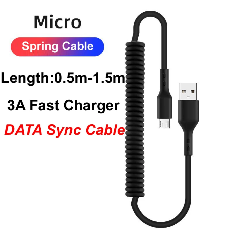 3A USB-A MICRO Flexible Spring Pull Retractable Telescopic Fast Charging DATA Sync Cable For Mobil Phone Auto Car Speaker etc.