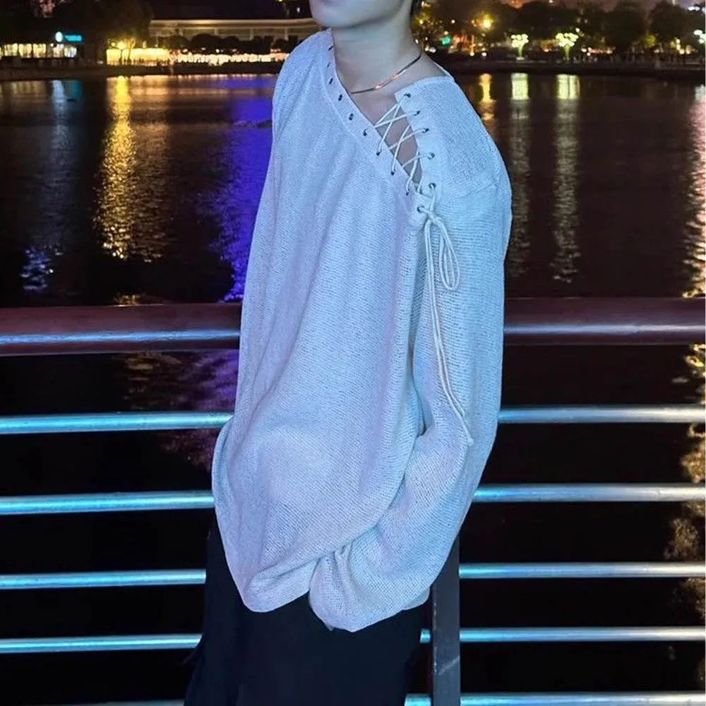 2026 New Men Casual Black Shirt Long Sleeve Loose Fit Button Up V-Neck Minimalist Streetwear