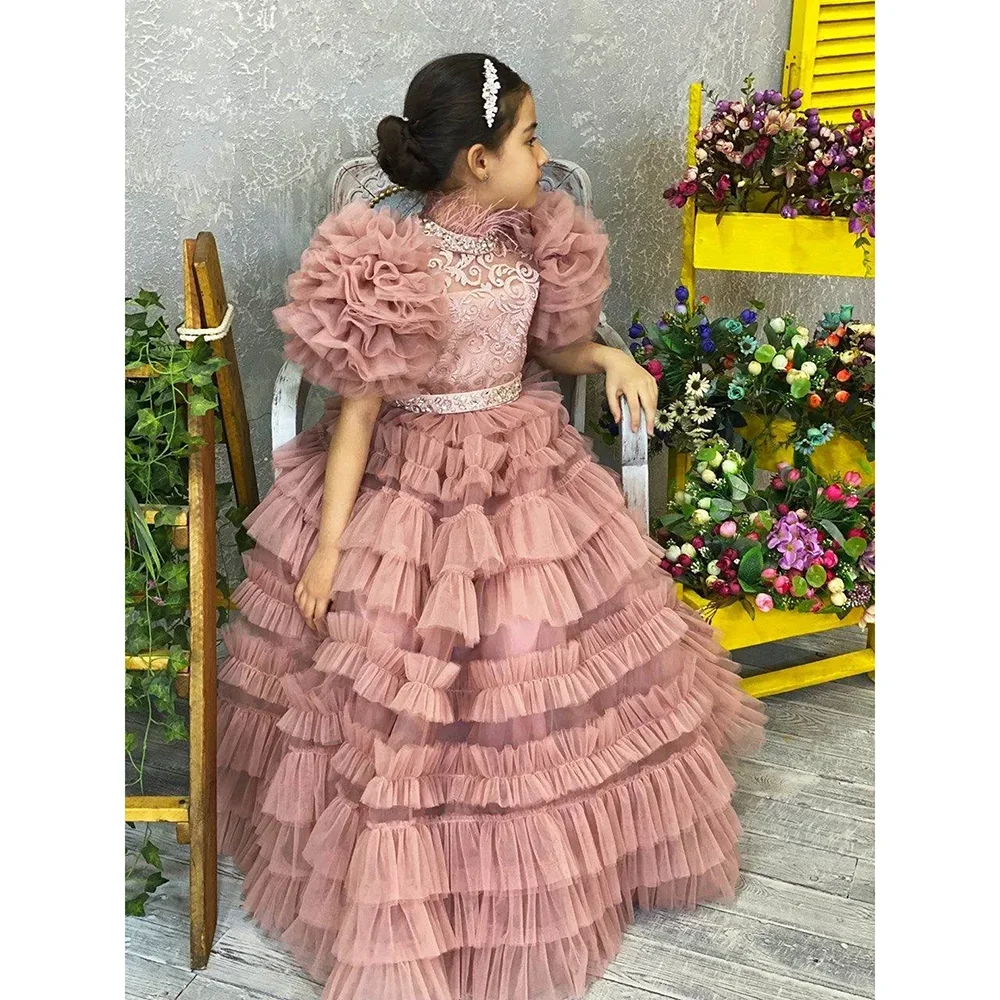 Vestido em camadas requintado com cristal de luxo borla gola alta em camadas plissado linha a até o chão vestidos de festa para meninas baile de formatura 2023