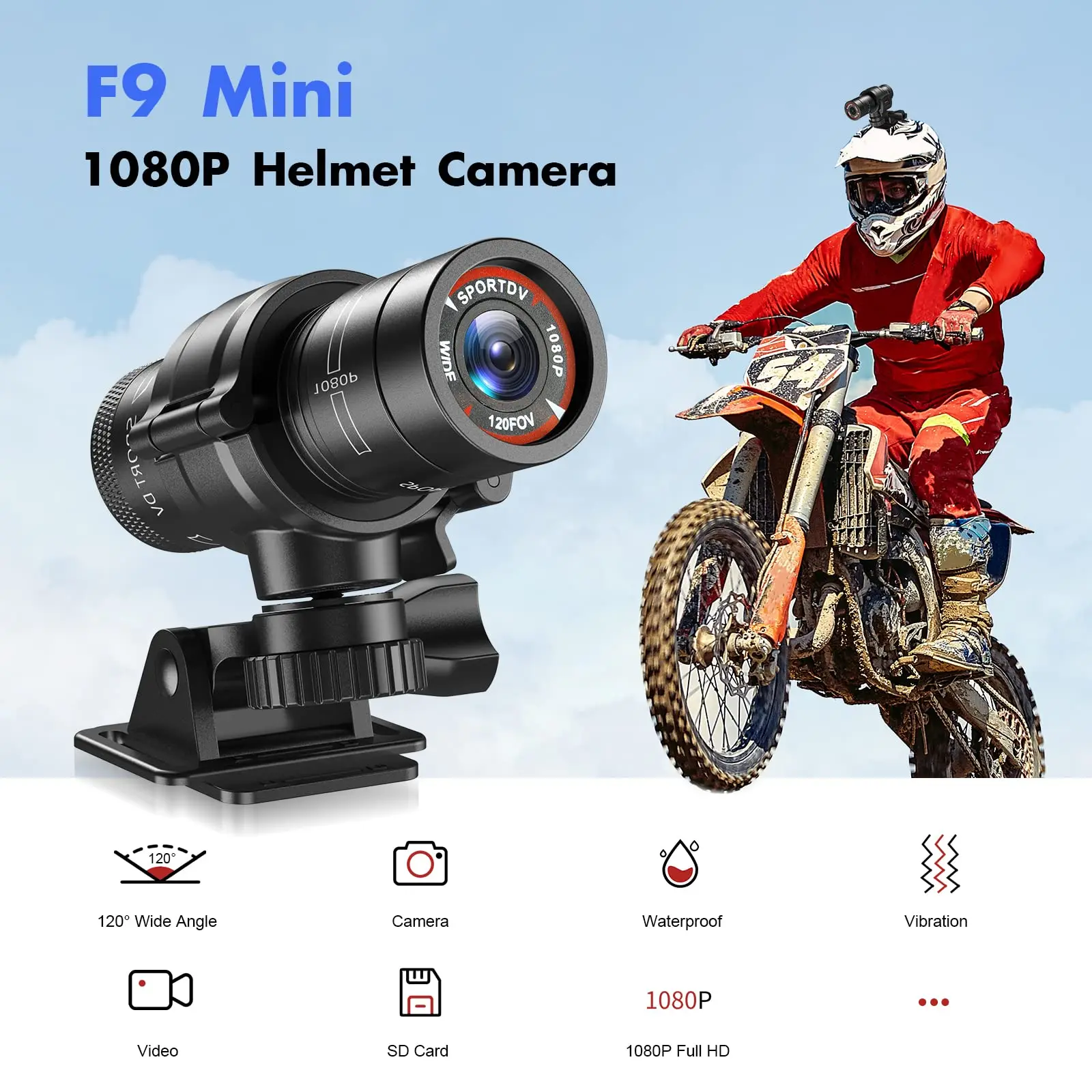 Imagem -03 - Motocicleta Capacete Câmera 1080p hd Impermeável ao ar Livre Ação Cam Esporte dv Vídeo Dvr Gravador Bicicleta Traço Cam para Carro f9