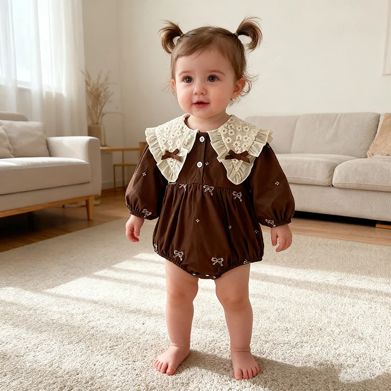 2026 ربيع جديد طفلة حفلة القوس الأطفال رومبير 0-24 متر بأكمام طويلة القطن التطريز الطفل رومبير طفل الأميرة الملابس #1