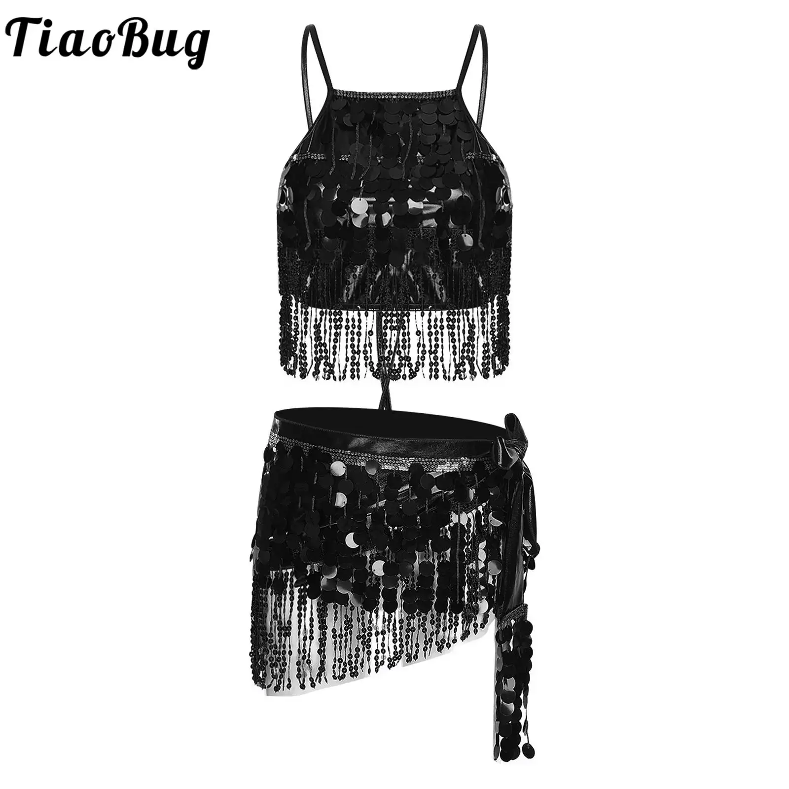 

Women Metallic Belly Dance Outfit Shiny Sequin Tassel Fringe Crop Top And Lace-up Hip Scarf Waist Chain Skirt Bellydance Costume