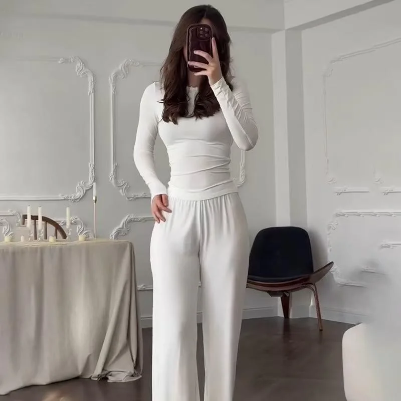 

round Ne Color Top Wide Leg Pants Faion Set New Arrival Long Sve Long Pants Home Clothes Women Casual Sle