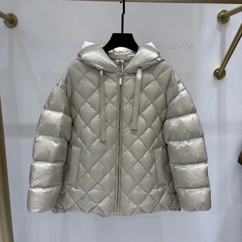 Schinteon jaqueta feminina de pato branco com capuz casual solto argyle quente outono inverno alta qualidade outwear 2025 novo casaco