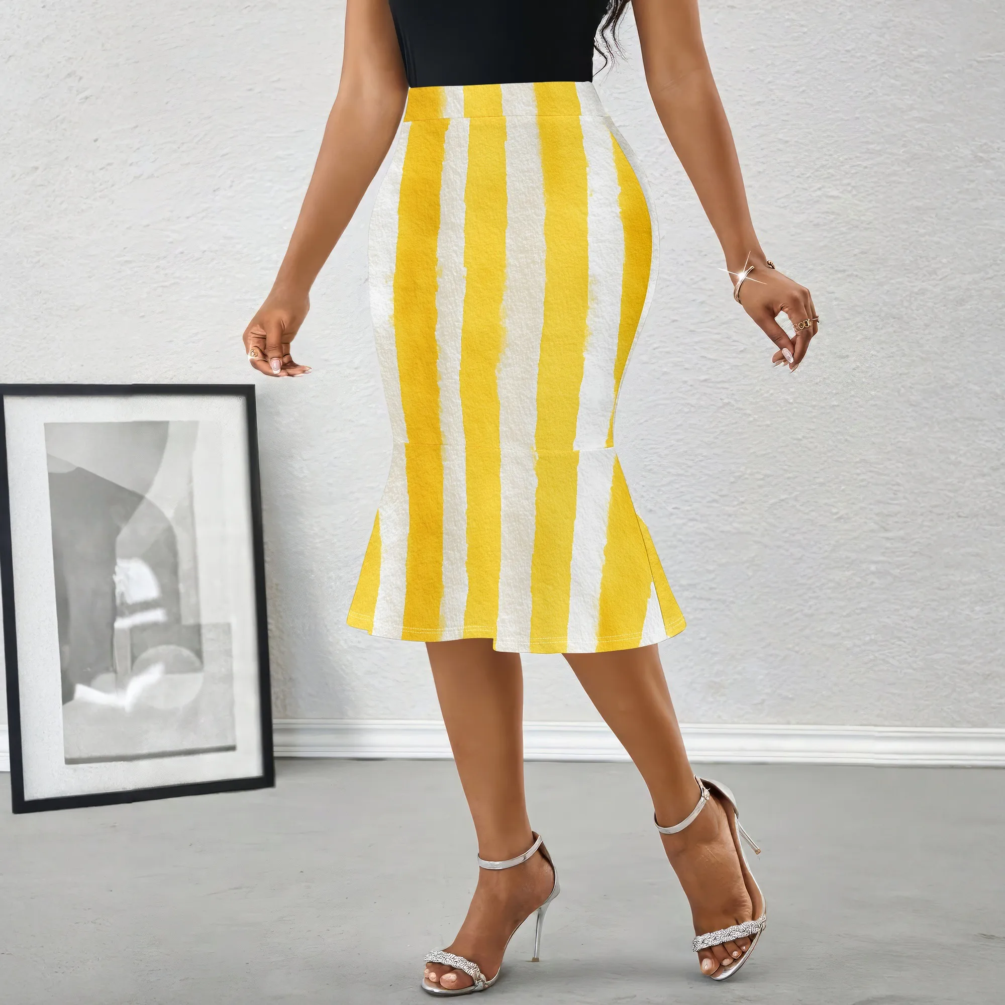 Yellow White Striped Midi Skirt, Vertical Stripe Print Pencil Skirt, High Waist Mermaid Hem Skirt for Women Party Club, S-2XL