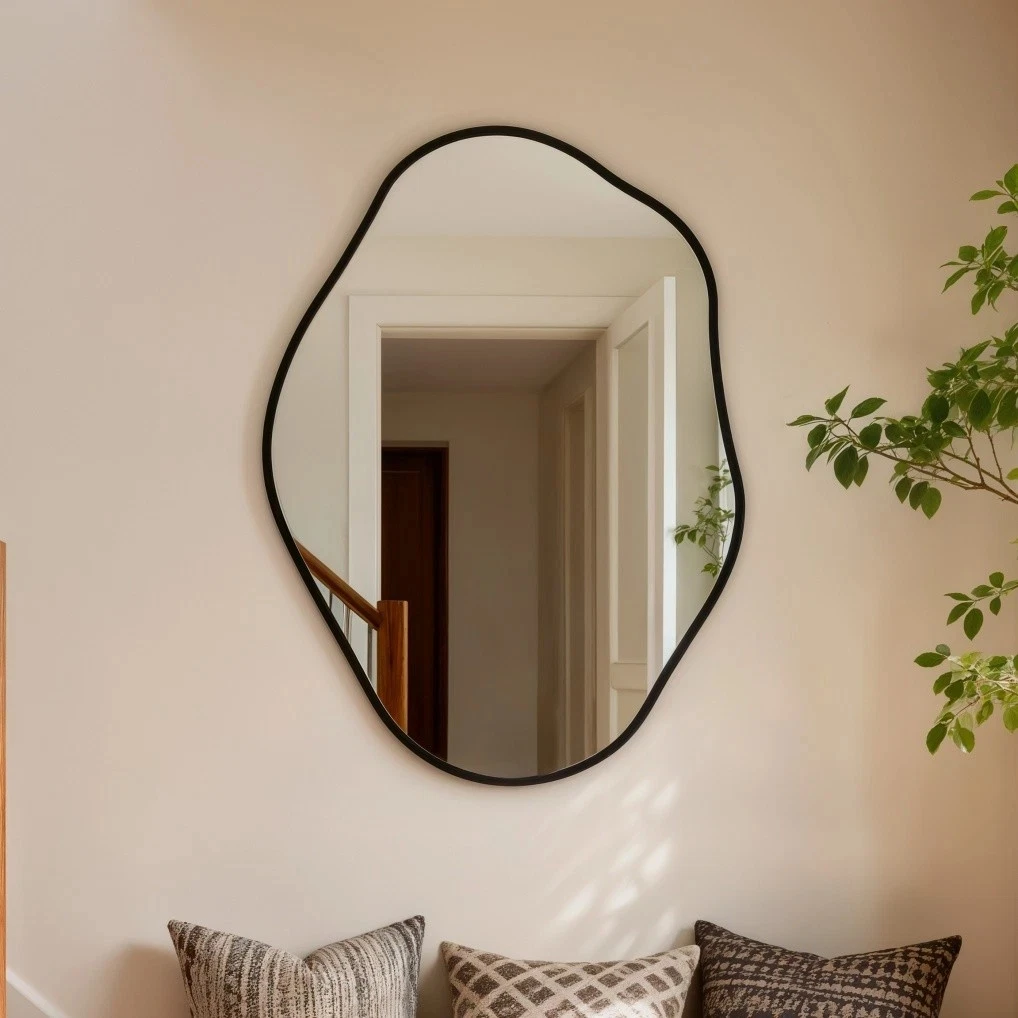 Asymmetrical Black Wall Mirror, Large Irregular Modern Wall Mounted Mirror with Aluminum Alloy Frame, Unique Freeform Decorative Art Mirror for Living Room, Bedroom, Entryway & Hallway