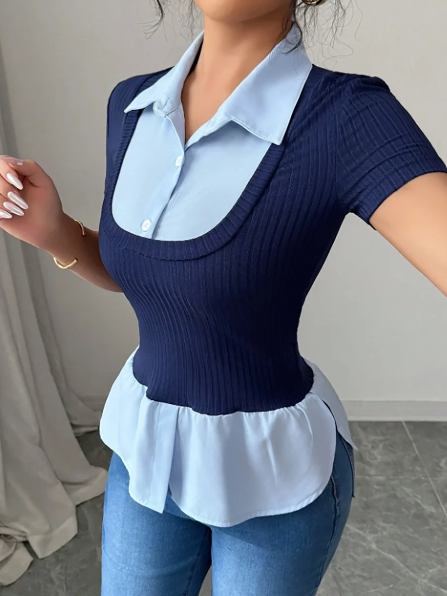 Women's T-shirt Spring Summer Navy Blue Light Blue Contrast Ruffle Hem Valentine's Day Elegant Casual Daily Office Top