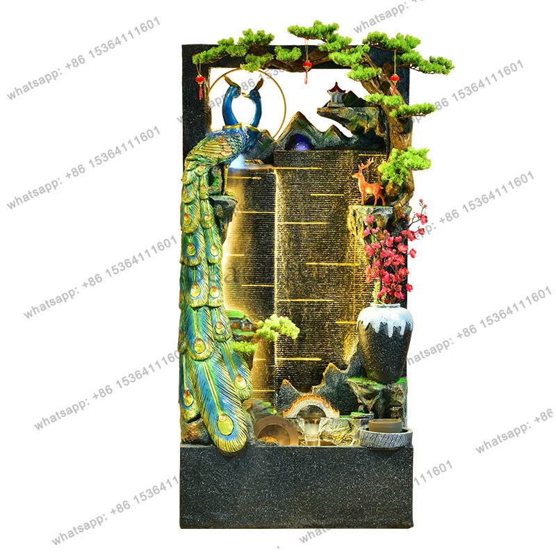 

Rockery fountain flows with circulating water, indoor and outdoor decorative landscaping, and a floor-to-ceiling fish pond