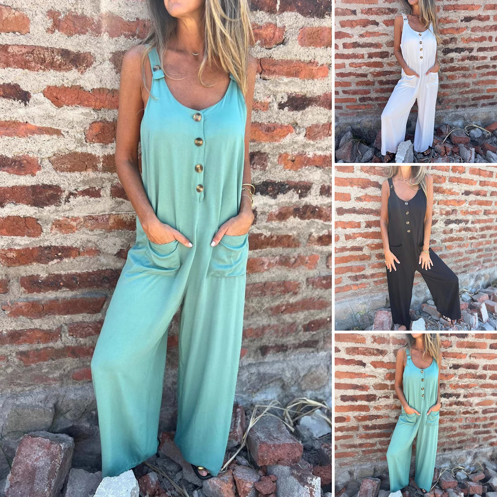Casual Loose Jumpsuit Women's Wide Leg Pants Summer New Jumpsuit Vertical Side Buckle Cotton Linen Pocket Pants Work Clothes