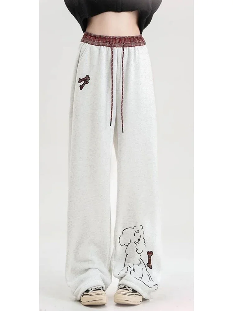 韓国スポーツ子犬刺繍ワイドレッグパンツ女性パッチワーク甘い初秋ズボン原宿ルーズカジュアルレースアップパンツ